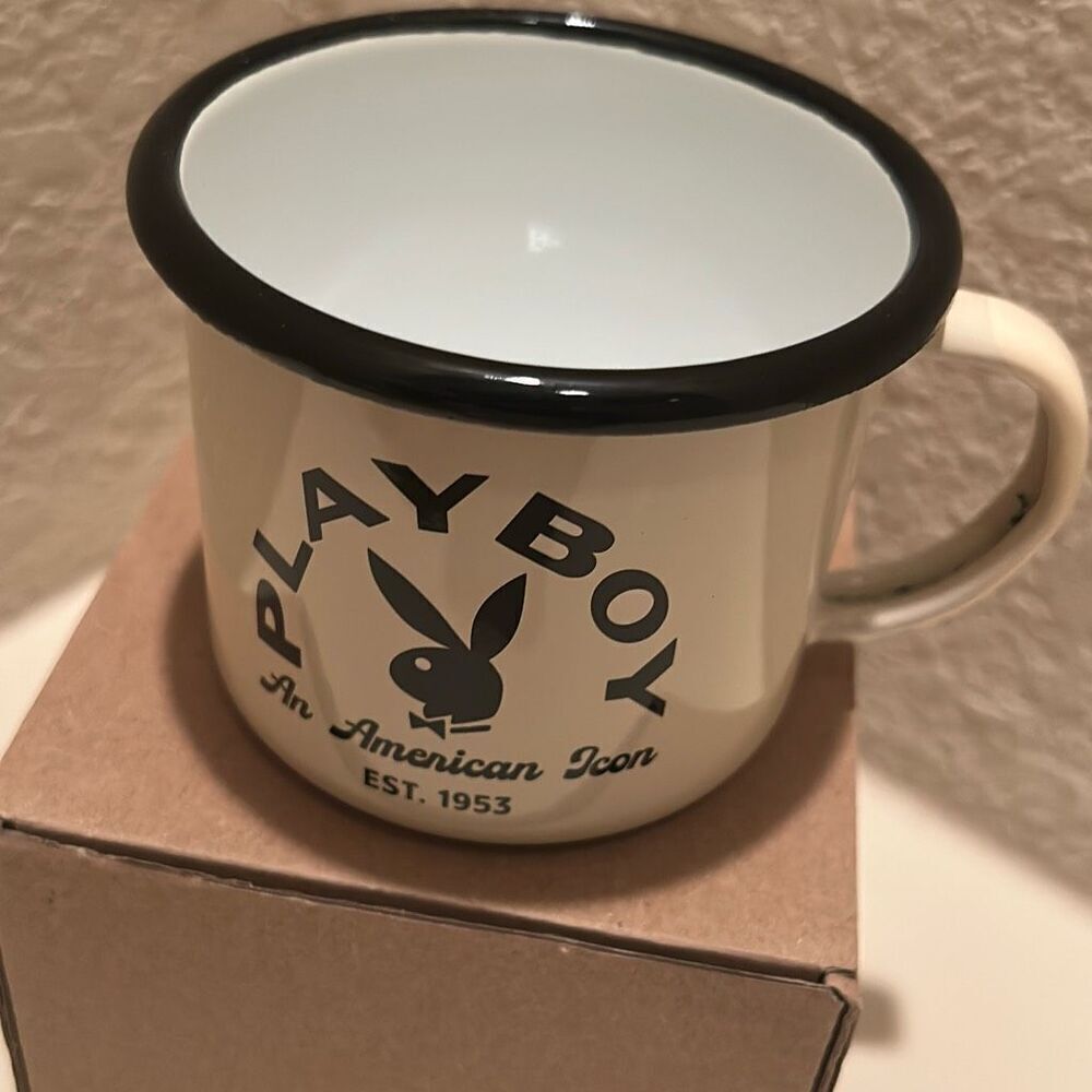 Playboy White Enamel Mug Bunny Logo An American Icon Coffee Cup New